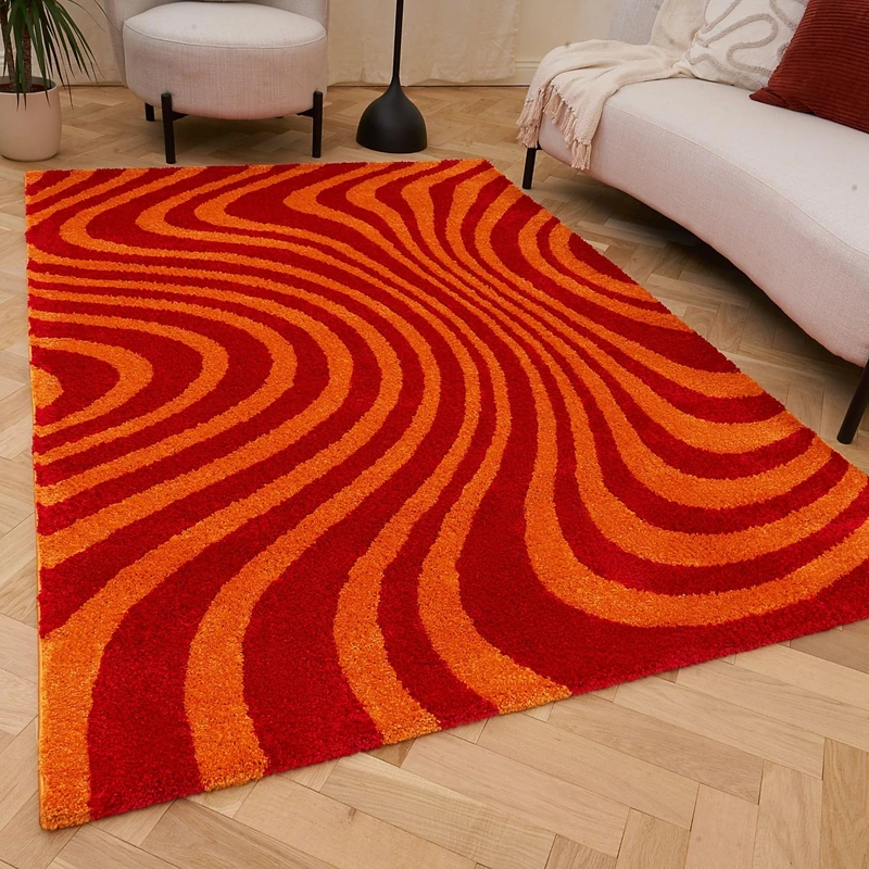 THE RUGS Joli Area Rug - Soft Dense Pile Modern Artistic Design, Durable & Easy Care Carpet for Living Room & Bedroom - Wavy Stripe Red & Orange, 120 x 170 cm