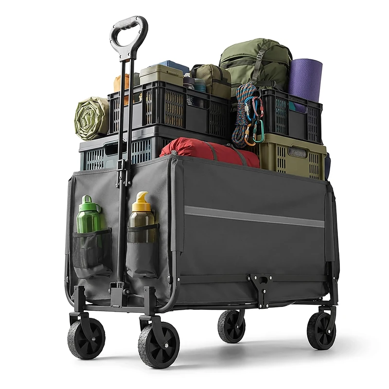 Relaxdays Foldable Wagon with Telescopic Handle, 150kg, Rain Cover, Tailgate, 97x50x76cm, Grey