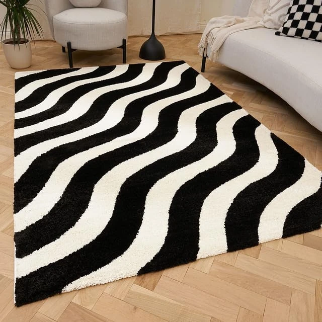 THE RUGS Joli Area Rug - Soft Dense Pile Modern Artistic Design, Durable & Easy Care Carpet for Living Room & Bedroom - Striped Black & White, 80 x 150 cm