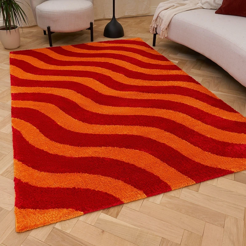 THE RUGS Joli Area Rug - Soft Dense Pile Modern Artistic Design, Durable & Easy Care Carpet for Living Room & Bedroom - Striped Red & Orange, 80 x 150 cm