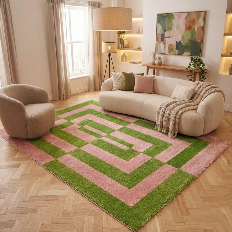 THE RUGS Joli Area Rug - Soft Dense Pile Modern Artistic Design, Durable & Easy Care Carpet for Living Room & Bedroom - Geometric Green & Pink, 120 x 170 cm