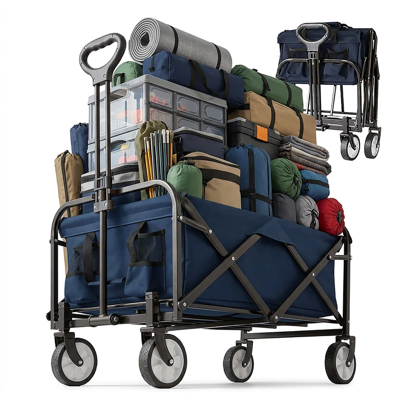 Relaxdays Folding Wagon with Telescopic Handle, Oxford Fabric, 100 kg Capacity, 89x50x72 cm, Blue for Shopping, Camping,