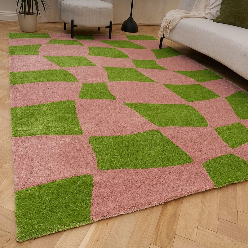 THE RUGS Joli Area Rug - Soft Dense Pile Modern Artistic Design, Durable & Easy Care Carpet for Living Room & Bedroom - Irregular Checkered Green & Pink, 80 x 150 cm