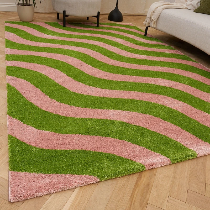 THE RUGS Joli Area Rug - Soft Dense Pile Modern Artistic Design, Durable & Easy Care Carpet for Living Room & Bedroom - Striped Green & Pink, 80 x 150 cm
