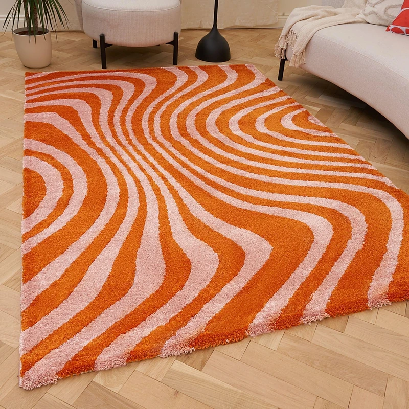 THE RUGS Joli Area Rug - Soft Dense Pile Modern Artistic Design, Durable & Easy Care Carpet for Living Room & Bedroom - Wavy Stripe Orange & Pink, 200 x 290 cm