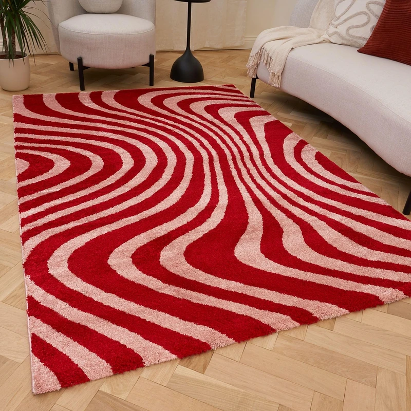 THE RUGS Joli Area Rug - Soft Dense Pile Modern Artistic Design, Durable & Easy Care Carpet for Living Room & Bedroom - Wavy Stripe Red & Pink, 120 x 170 cm
