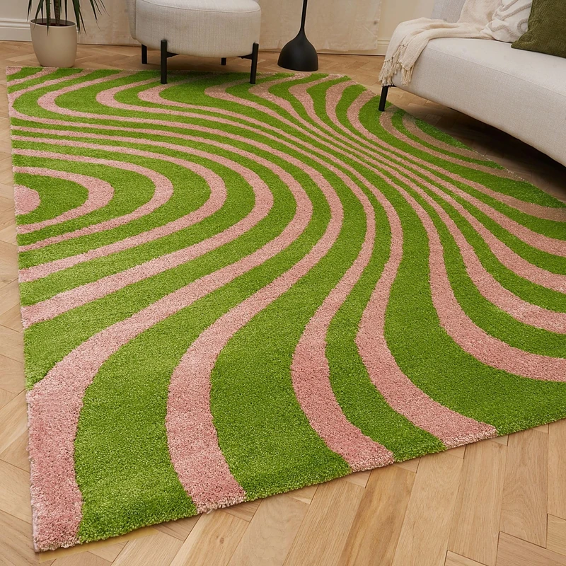 THE RUGS Joli Area Rug - Soft Dense Pile Modern Artistic Design, Durable & Easy Care Carpet for Living Room & Bedroom - Wavy Stripe Green & Pink, 160 x 230 cm