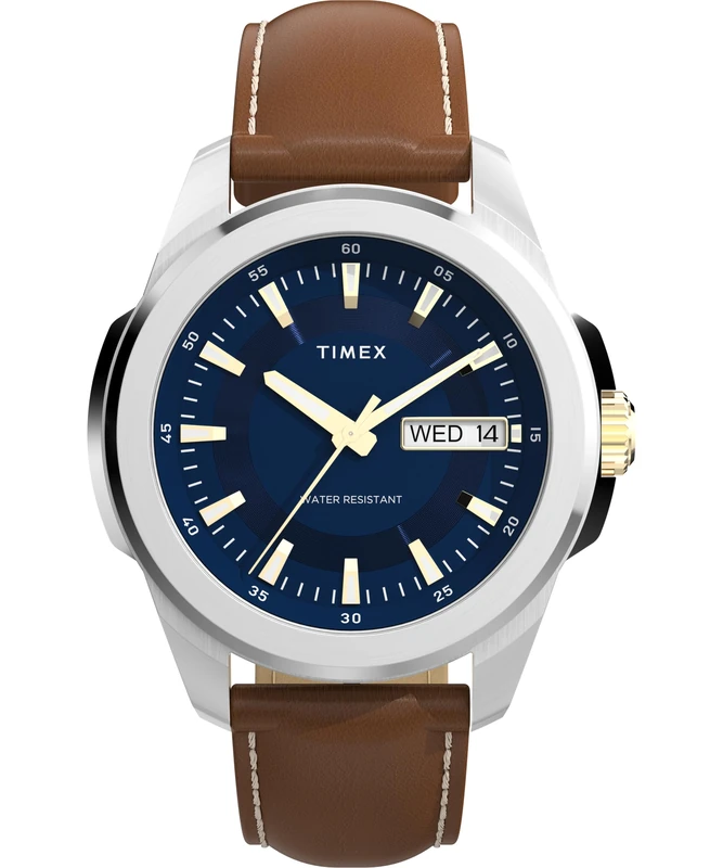 Timex Men's Essex Day and Date 45 mm Quartz Watch - Brown Leather Strap with Blue Dial and Silver-Tone Case TW2Y38100