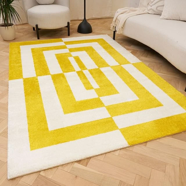 THE RUGS Joli Area Rug - Soft Dense Pile Modern Artistic Design, Durable & Easy Care Carpet for Living Room & Bedroom - Geometric Yellow & White, 80 x 150 cm