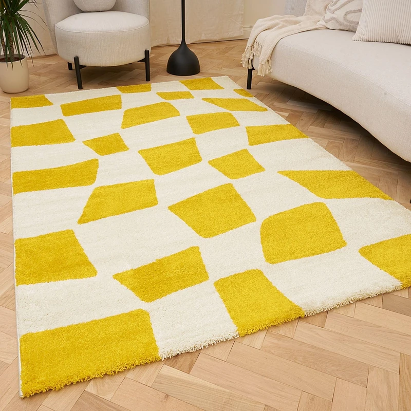 THE RUGS Joli Area Rug - Soft Dense Pile Modern Artistic Design, Durable & Easy Care Carpet for Living Room & Bedroom - Irregular Checkered Yellow & White, 80 x 150 cm