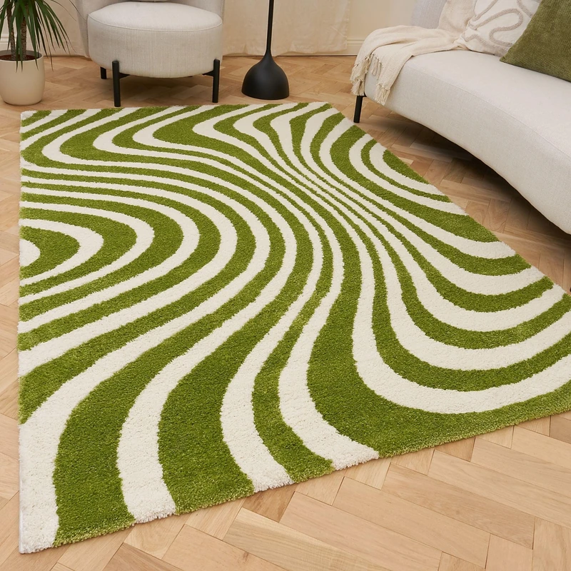 THE RUGS Joli Area Rug - Soft Dense Pile Modern Artistic Design, Durable & Easy Care Carpet for Living Room & Bedroom - Wavy Stripe Green & White, 80 x 150 cm
