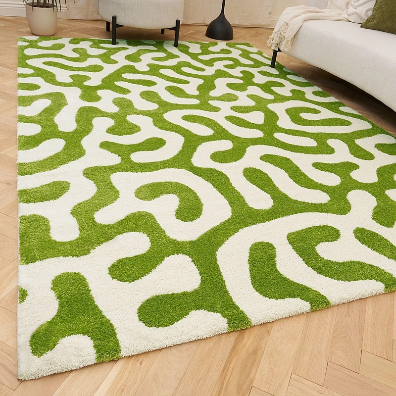 THE RUGS Joli Area Rug - Soft Dense Pile Modern Artistic Design, Durable & Easy Care Carpet for Living Room & Bedroom - Doodle Green & White, 120 x 170 cm