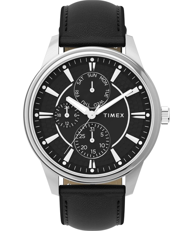 Timex Men's Chicago 45 mm Quartz Watch - Black Leather Strap with Black Dial and Silver-Tone Case TW2Y21600