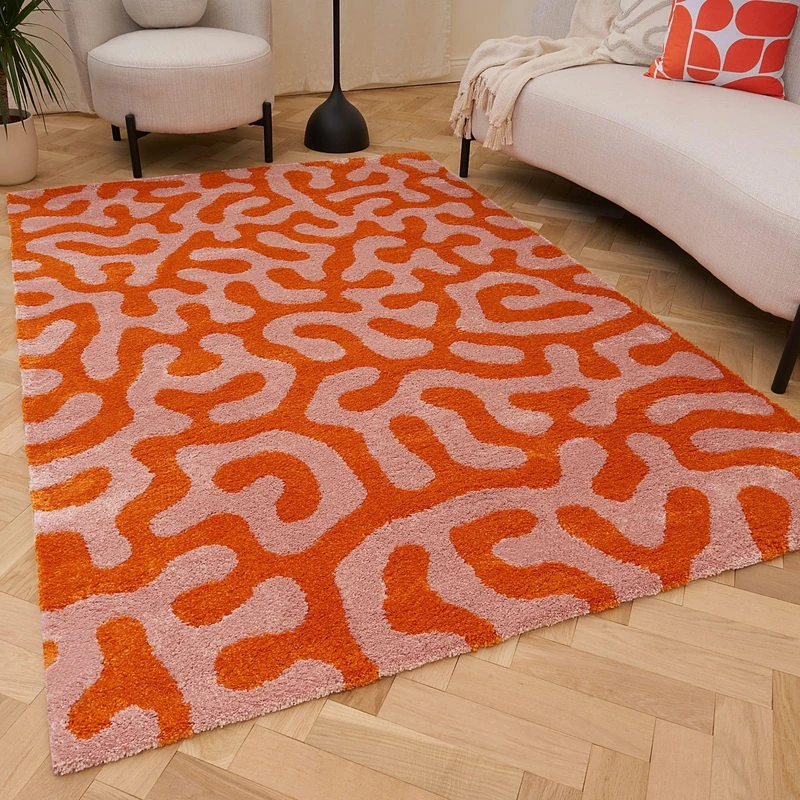 THE RUGS Joli Area Rug - Soft Dense Pile Modern Artistic Design, Durable & Easy Care Carpet for Living Room & Bedroom - Doodle Orange & Pink, 120 x 170 cm