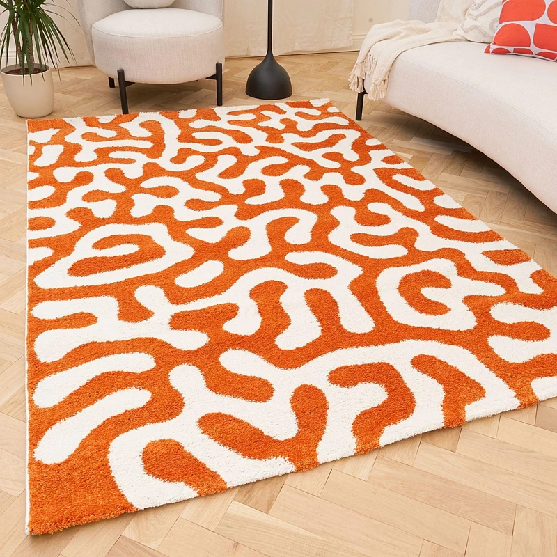 THE RUGS Joli Area Rug - Soft Dense Pile Modern Artistic Design, Durable & Easy Care Carpet for Living Room & Bedroom - Doodle Orange & White, 200 x 290 cm