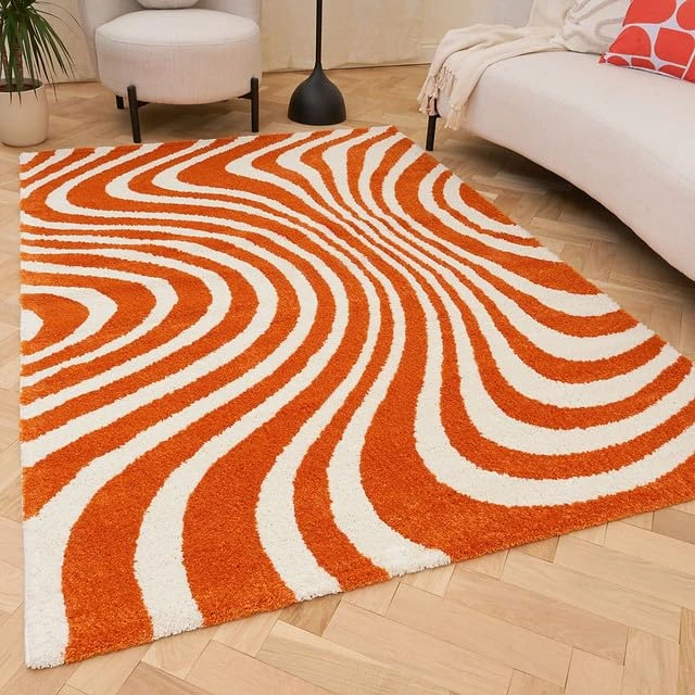 THE RUGS Joli Area Rug - Soft Dense Pile Modern Artistic Design, Durable & Easy Care Carpet for Living Room & Bedroom - Wavy Stripe Orange & White, 120 x 170 cm