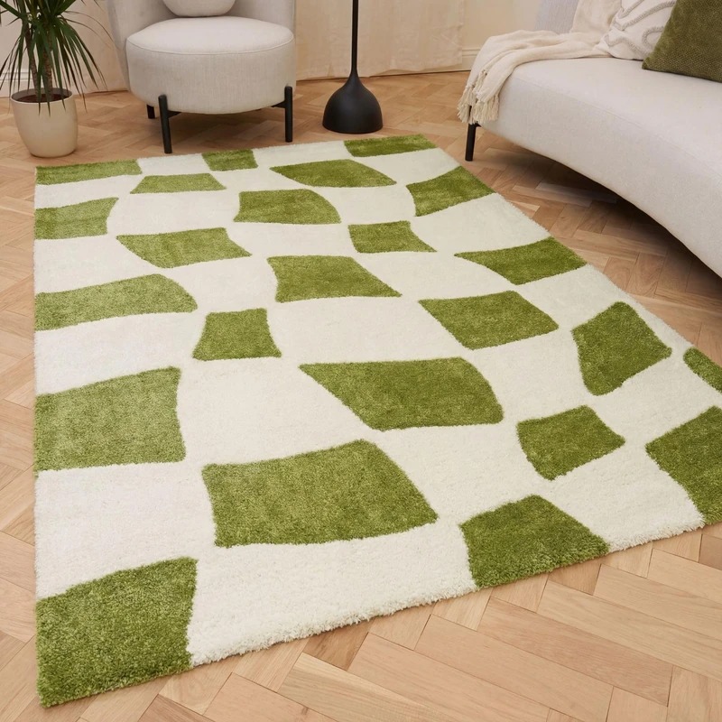 THE RUGS Joli Area Rug - Soft Dense Pile Modern Artistic Design, Durable & Easy Care Carpet for Living Room & Bedroom - Irregular Checkered Green & White, 80 x 150 cm