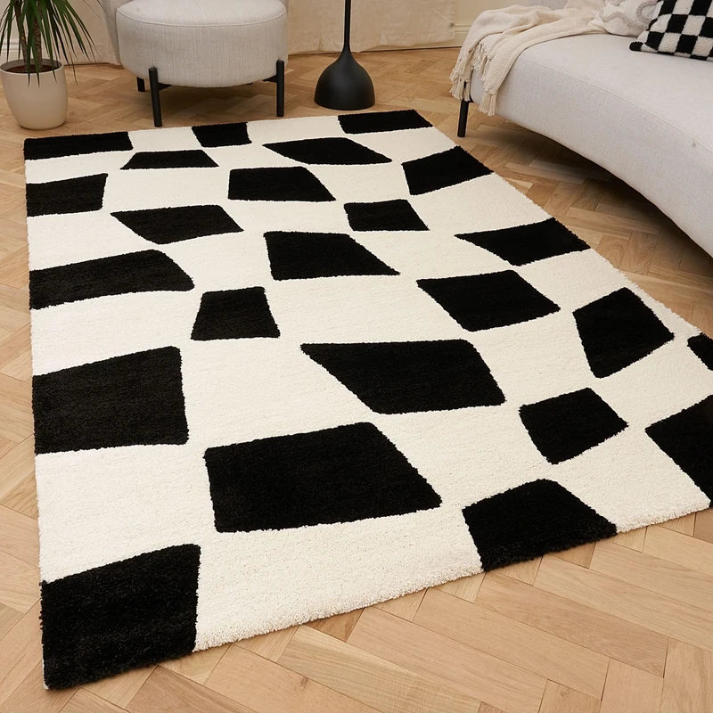 THE RUGS Joli Area Rug - Soft Dense Pile Modern Artistic Design, Durable & Easy Care Carpet for Living Room & Bedroom - Irregular Checkered Black & White, 200 x 290 cm