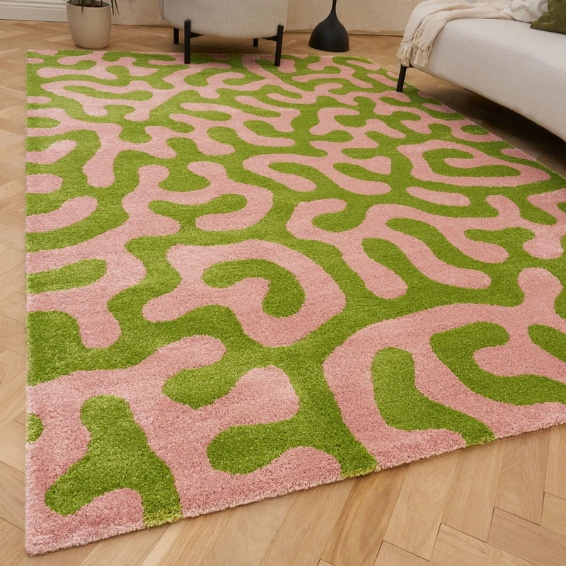 THE RUGS Joli Area Rug - Soft Dense Pile Modern Artistic Design, Durable & Easy Care Carpet for Living Room & Bedroom - Doodle Green & Pink, 200 x 290 cm