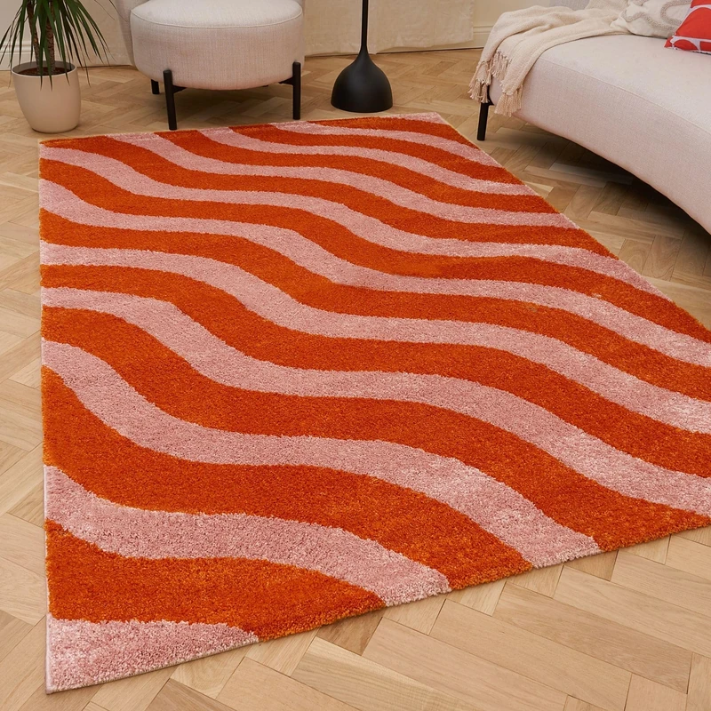 THE RUGS Joli Area Rug - Soft Dense Pile Modern Artistic Design, Durable & Easy Care Carpet for Living Room & Bedroom - Striped Orange & Pink, 80 x 150 cm