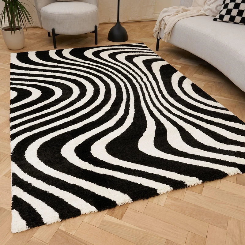 THE RUGS Joli Area Rug - Soft Dense Pile Modern Artistic Design, Durable & Easy Care Carpet for Living Room & Bedroom - Wavy Stripe Black & White, 120 x 170 cm