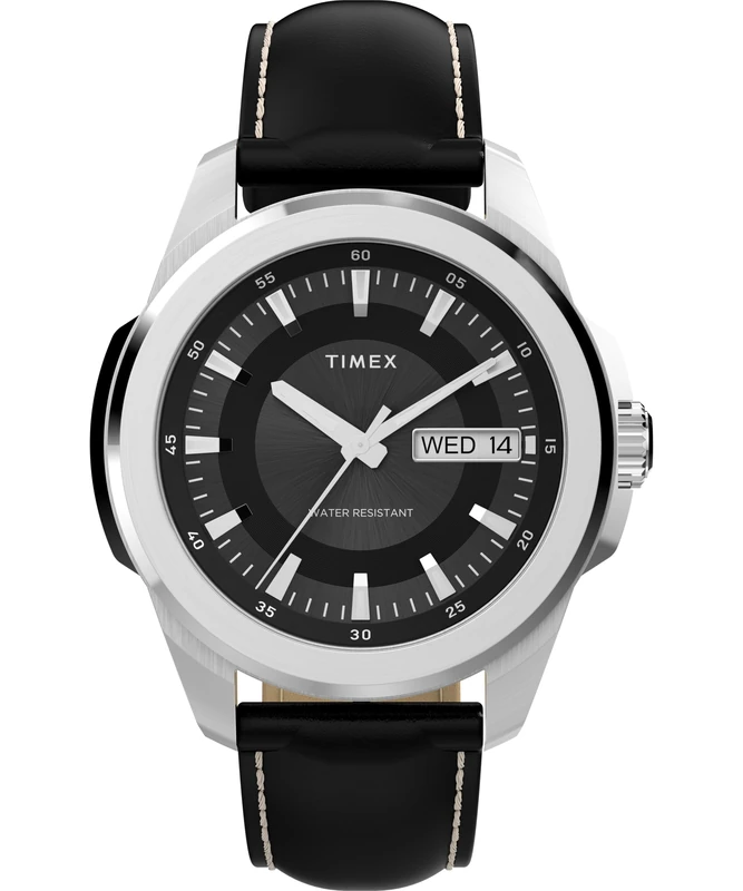 Timex Men's Essex Day and Date 45 mm Quartz Watch - Black Leather Strap with Black Dial and Silver-Tone Case TW2Y20600
