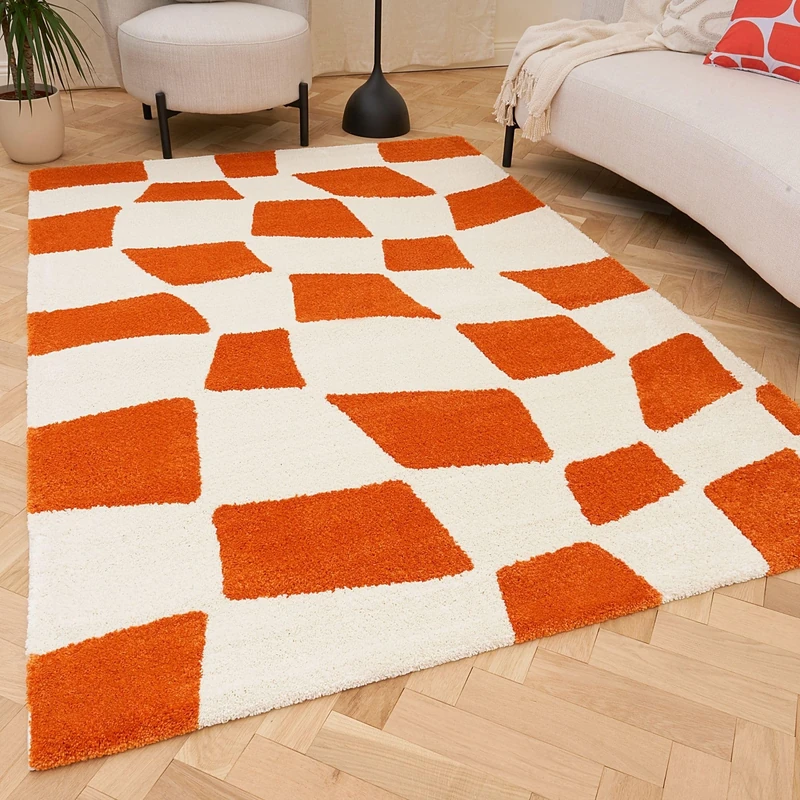 THE RUGS Joli Area Rug - Soft Dense Pile Modern Artistic Design, Durable & Easy Care Carpet for Living Room & Bedroom - Irregular Checkered Orange & White, 80 x 150 cm