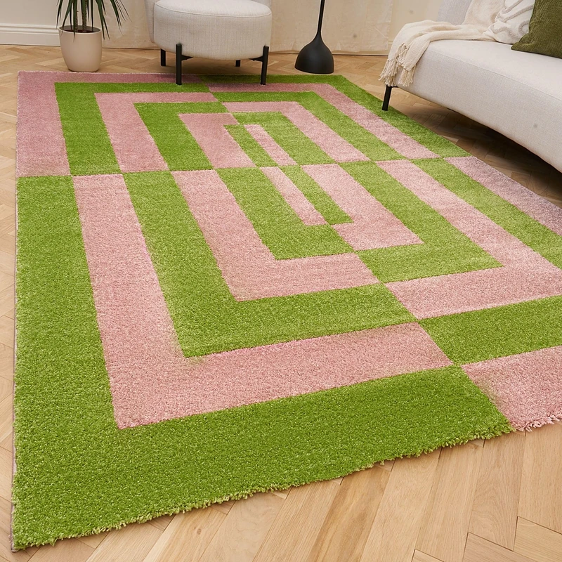 THE RUGS Joli Area Rug - Soft Dense Pile Modern Artistic Design, Durable & Easy Care Carpet for Living Room & Bedroom - Geometric Green & Pink, 200 x 290 cm