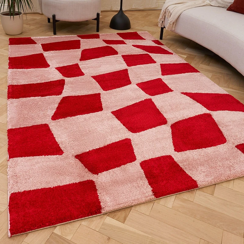 THE RUGS Joli Area Rug - Soft Dense Pile Modern Artistic Design, Durable & Easy Care Carpet for Living Room & Bedroom - Irregular Checkered Red & Pink, 120 x 170 cm
