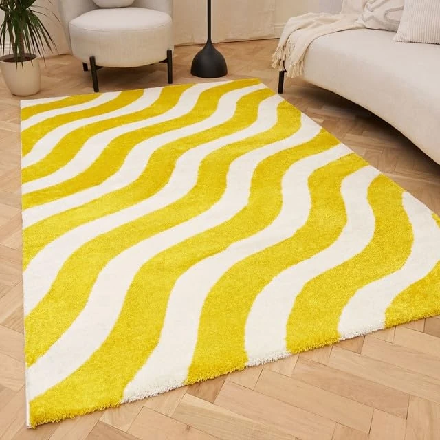 THE RUGS Joli Area Rug - Soft Dense Pile Modern Artistic Design, Durable & Easy Care Carpet for Living Room & Bedroom - Striped Yellow & White, 120 x 170 cm