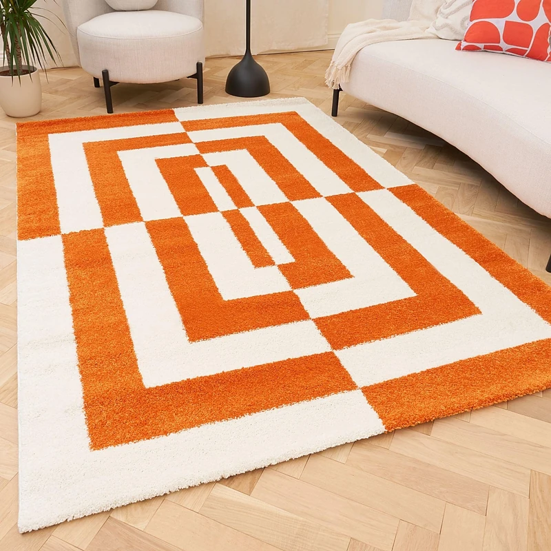 THE RUGS Joli Area Rug - Soft Dense Pile Modern Artistic Design, Durable & Easy Care Carpet for Living Room & Bedroom - Geometric Orange & White, 160 x 230 cm