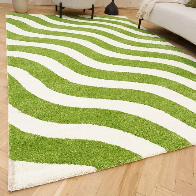 THE RUGS Joli Area Rug - Soft Dense Pile Modern Artistic Design, Durable & Easy Care Carpet for Living Room & Bedroom - Striped Green & White, 160 x 230 cm