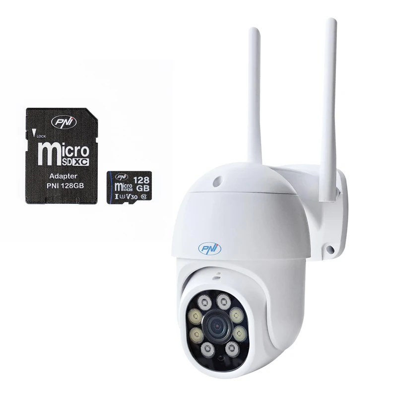 PNI IP840 Wireless Video Surveillance Camera + PNI 128GB WiFi Card PTZ 8MP 4K Micro SD Slot Standalone AI Functions ONVIF ICSee App