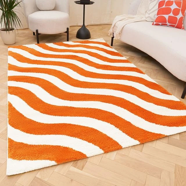 THE RUGS Joli Area Rug - Soft Dense Pile Modern Artistic Design, Durable & Easy Care Carpet for Living Room & Bedroom - Striped Orange & White, 160 x 230 cm