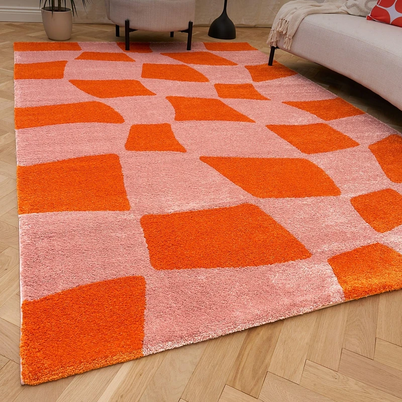 THE RUGS Joli Area Rug - Soft Dense Pile Modern Artistic Design, Durable & Easy Care Carpet for Living Room & Bedroom - Irregular Checkered Orange & Pink, 80 x 150 cm