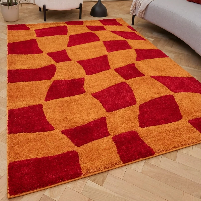 THE RUGS Joli Area Rug - Soft Dense Pile Modern Artistic Design, Durable & Easy Care Carpet for Living Room & Bedroom - Irregular Checkered Red & Orange, 160 x 230 cm