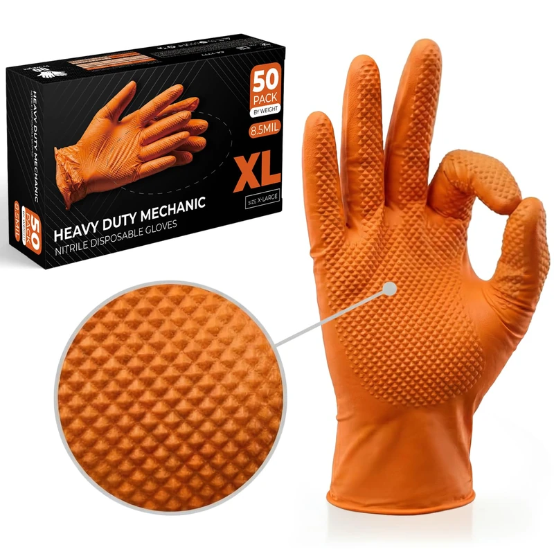 The Real Touch Nitrile Gloves, 500 Count, Heavy-Duty Disposable Mechanic Gloves, Diamond Textured, Latex & Powder-Free, Non-Slip, Extra Thick, Ideal for Automotive, Industrial Task (Orange - 500, XL)