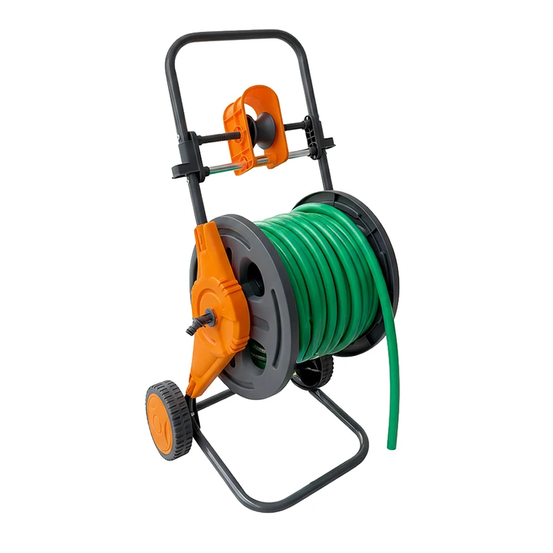 Relaxdays Hose Trolley 60m, Click Coupling, Hose Guide, 2 Wheels, Plastic/Steel, Grey/Orange, 86x41x37cm