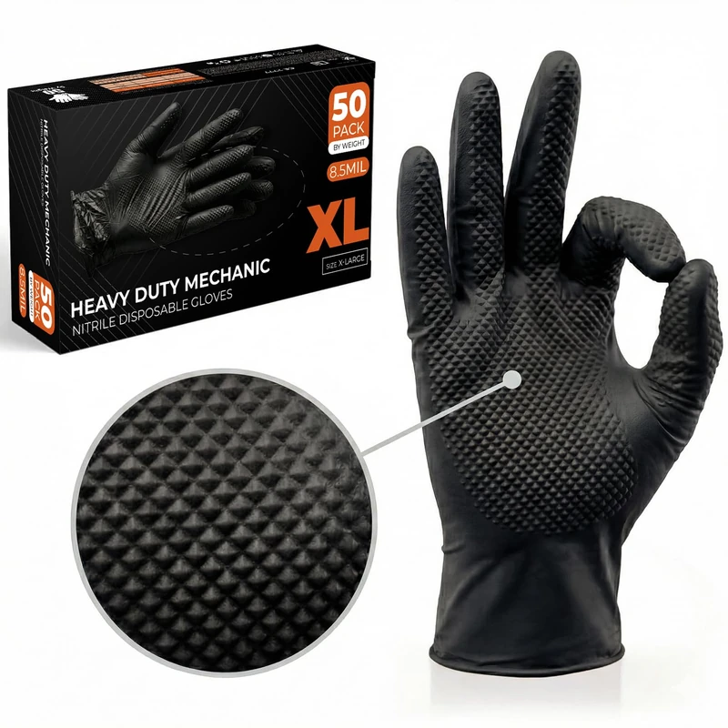 The Real Touch Nitrile Gloves, 500 Count, Heavy-Duty Disposable Mechanic Gloves, Diamond Textured, Latex & Powder-Free, Non-Slip, Extra Thick, Ideal for Automotive, Industrial Task (Black - 500, XL) - Image 1