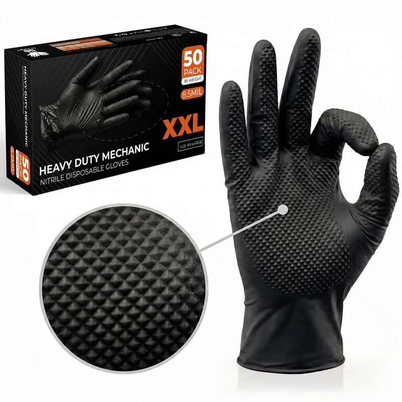 The Real Touch Nitrile Gloves, 500 Count, Heavy-Duty Disposable Mechanic Gloves, Diamond Textured, Latex & Powder-Free, Non-Slip, Extra Thick, Ideal for Automotive, Industrial Task (Black - 500, XXL)