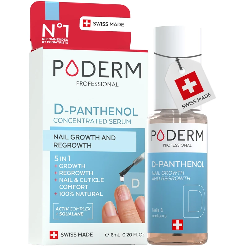 Poderm 5 in 1 Nail Booster Serum - D-Panthenol | Strengthening Care & Growth for Fragile Nails - 6 ML | Promotes Growth & Limits Breakage | 100% Natural - Developed by a Podiatrist in Switzerland - Image 1