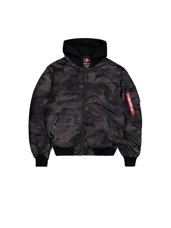 Alpha Industries Men's MA-1 Zip Hood Back EMB Camo Bomber Jacket, Black Camo, S