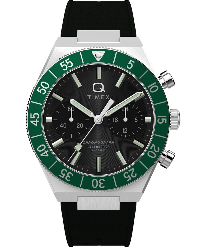 Timex Men's Q Continental Chronograph 40 mm Watch - Black Silicone Strap with Black Dial and Stainless Steel Case TW2Y56100