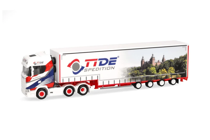 Herpa truck model Scania CS 20 HD (6x2) volume semitrailer "TiDe Spedition", on a scale of 1:87, plastic miniature, made in Germany, model building, collectors edition