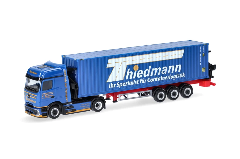 Herpa truck model Mercedes-Benz Actros L ProCabin Bigspace container side loader "Thiedmann", on a scale of 1:87, plastic miniature, made in Germany, model building, collectors edition