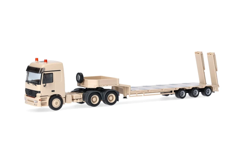 Herpa truck model Mercedes-Benz Actros L (96) MP1 semi low-boy semitrailer, sand beige "Belgium Army" (Belgium), military, on a scale of 1:87, plastic miniature, made in Germany, model building - Image 1