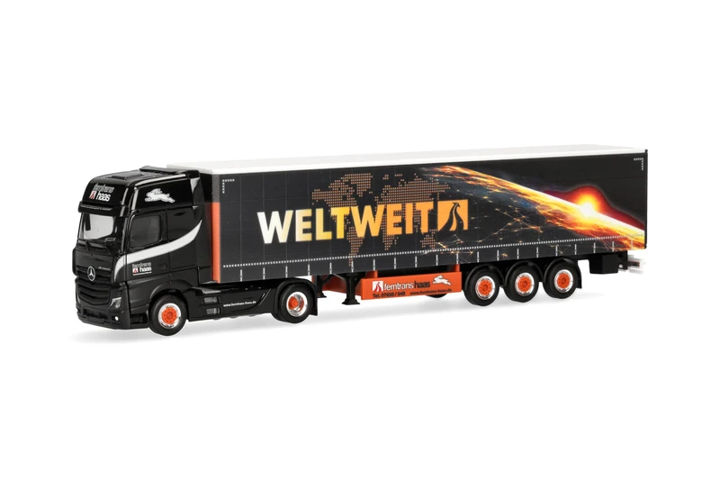 Herpa truck model Mercedes-Benz Actros L 18 Gigaspace curtain canvas semitrailer "Ferntrans Haas/worldwide", on a scale of 1:87, plastic miniature, made in Germany, model building, collectors edition