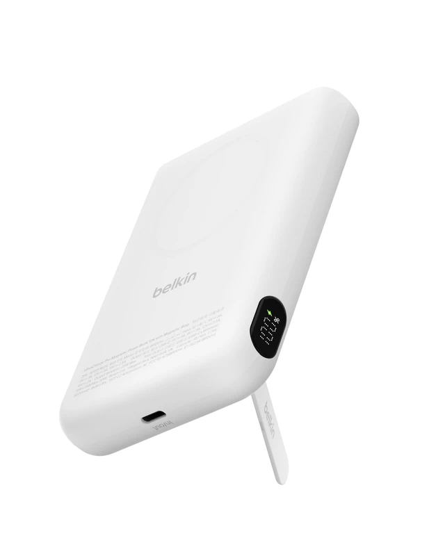 Belkin UltraCharge Pro 10000mAh Power Bank with Qi2 25W, 2-in-1 USB C Portable Charger with Magnetic Ring, Kickstand, Digital Battery Display, Battery Pack for iPhone, Galaxy, Pixel, iPad, etc - White