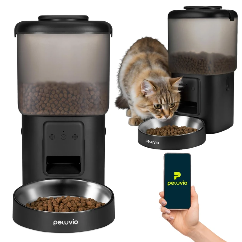 Peluvio Crispy Wi-Fi Automatic Cat Feeder with WiFi, App Control, Cat Feeder with Timer, Portion Control Up to 10 Meals, Cat Food Dispenser for Dry Food 5-15 mm, Battery Backup, Stainless Steel Bowl