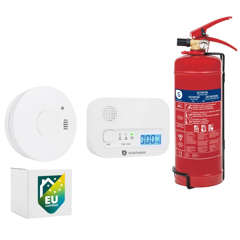 Bundle Smartwares Carbon Monoxide Detector FGA-13041 + smoke detector FSM-11710 + Smartwares Powder extinguisher 2 kg FEX-15125